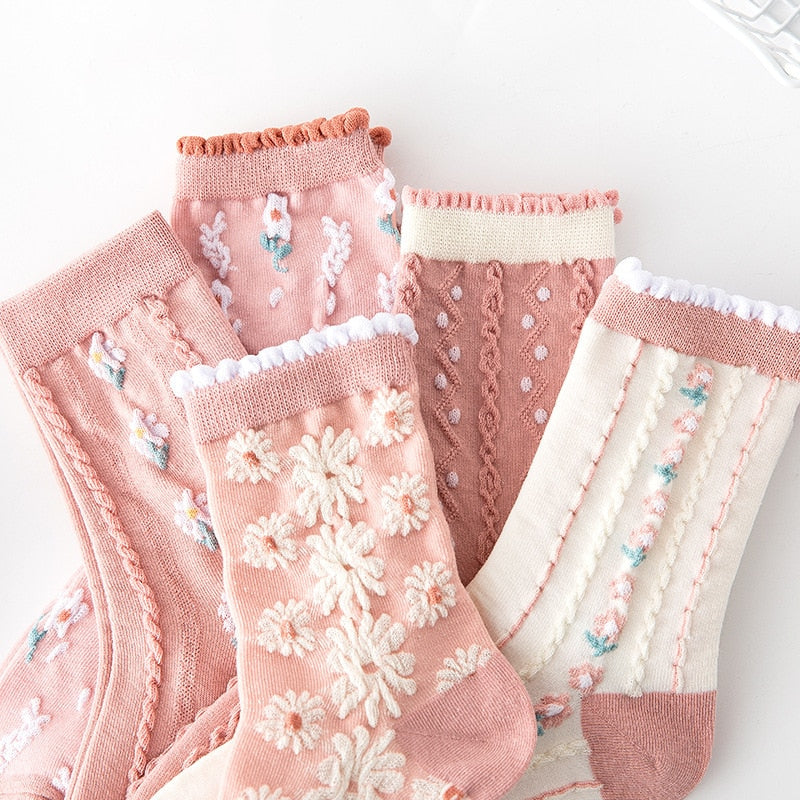 Soxy™ 5 Pack Pink Cute Cottagecore Embroidery Socks