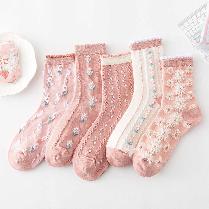 Soxy™ 5 Pack Pink Cute Cottagecore Embroidery Socks