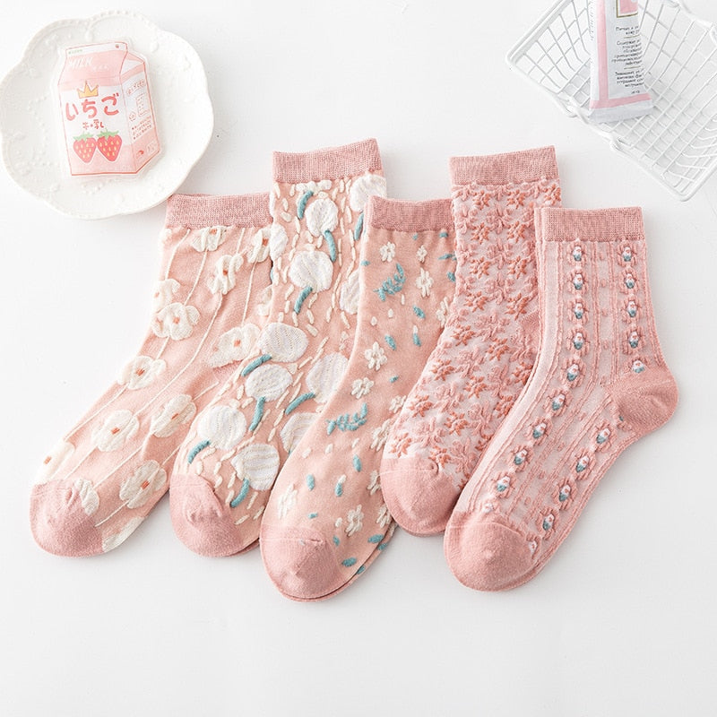 Soxy™ 5 Pack Pink Cute Cottagecore Embroidery Socks