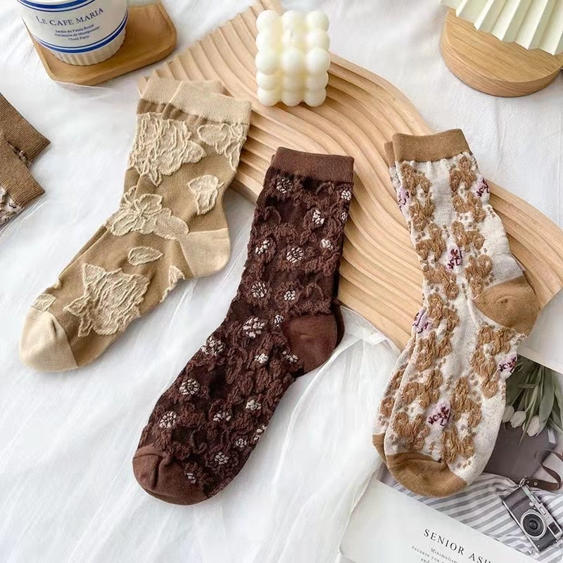 Soxy™ 5 Pack Brown Cute Cottagecore Embroidery Crew Socks