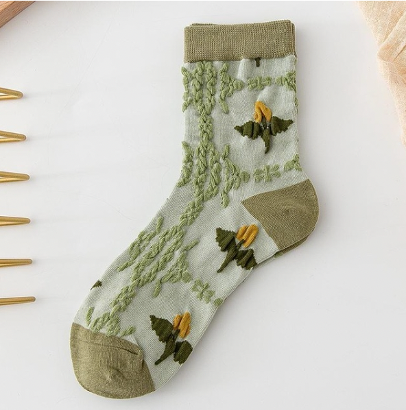 Soxy™ 5 Pack Green Cute Cottagecore Embroidery Crew Socks