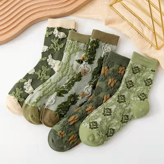 Soxy™ 5 Pack Green Cute Cottagecore Embroidery Crew Socks