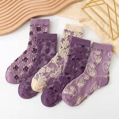 Soxy™ 5 Pack Purple Cute Cottagecore Embroidery Socks