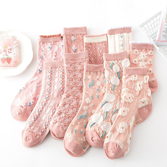 Soxy™ 5 Pack Pink Cute Cottagecore Embroidery Socks