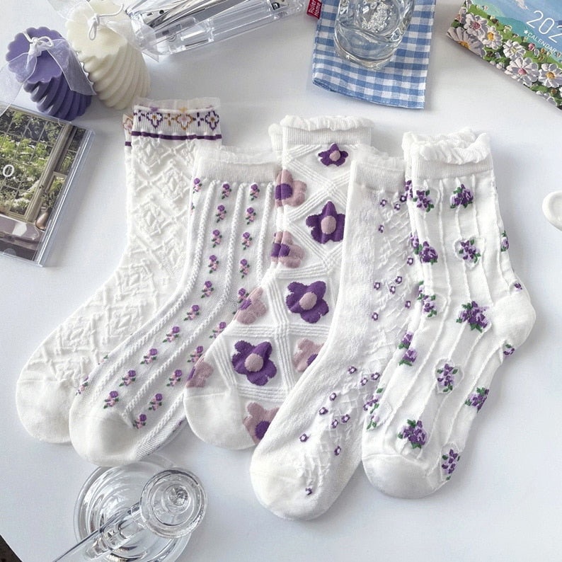 Soxy™ 5 Pack Cute Cottagecore Floral Embroidery Socks