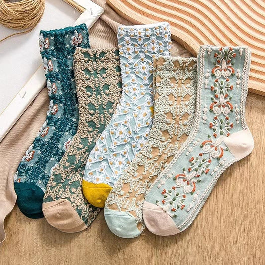 Soxy™ 5 Pack Cute Cottagecore Embroidery Crew Socks